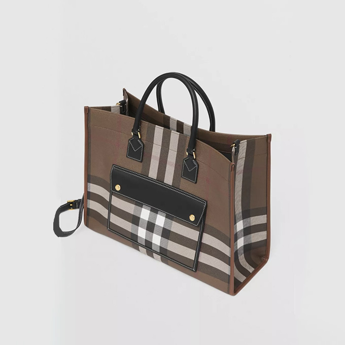 burberry freya vintage check canvas leather trim medium tote bag